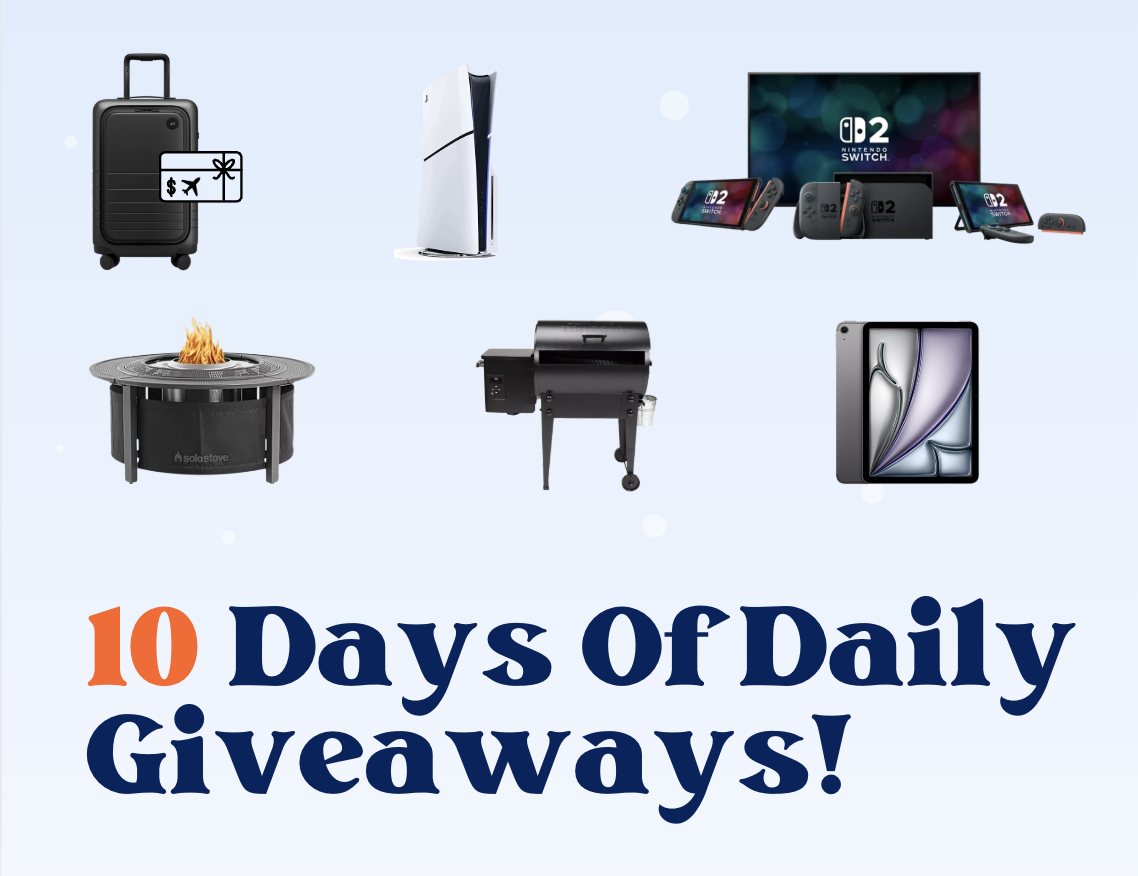 image that says '10 days of daily giveaways' with images of sunglasses, headphones, backpacks, drones gifcards